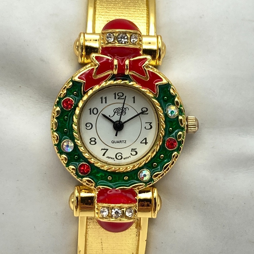 Christmas Women's Watch 26mm Wreath Gold Tone Crystals Cuff New Battery SMALL 6"